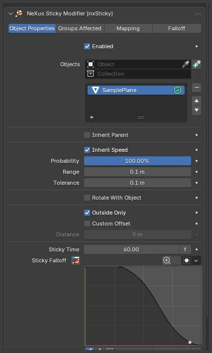 The nxSticky Object Properties panel