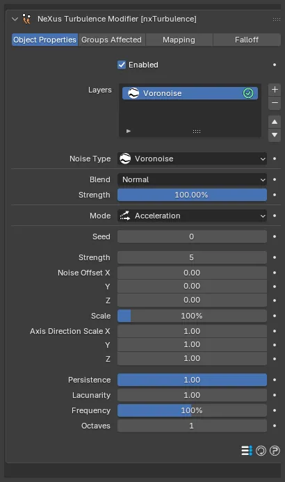 The nxTurbulence Object Properties panel with a Voronoise layer