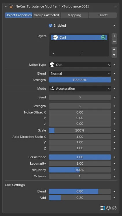 The nxTurbulence panel with a Curl layer, showing the extra Curl Settings section