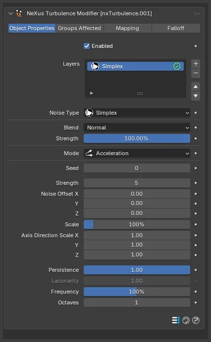 The nxTurbulence panel with a Simplex layer, Lacunarity grayed out