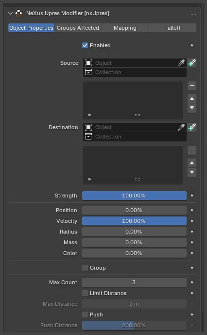The nxUpres Object Properties panel