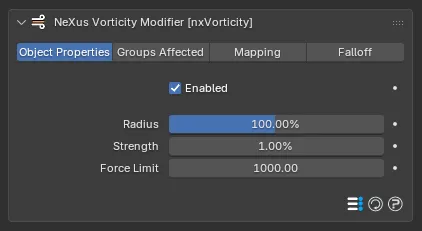 The nxVorticity Object Properties panel