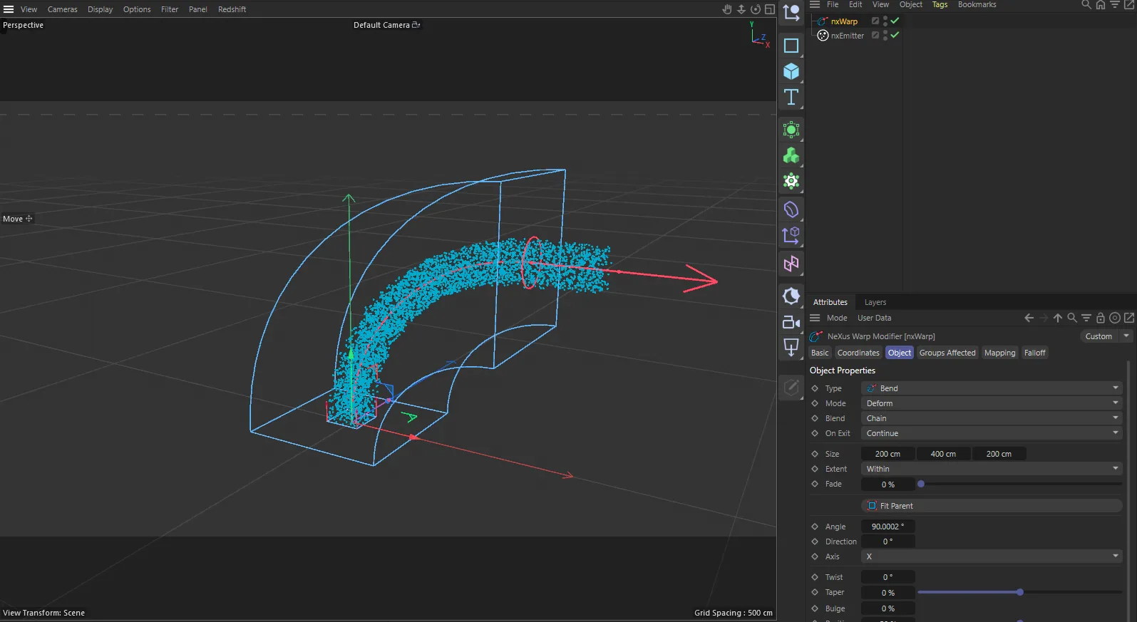nxWarp in Cinema 4D, with its settings in the Attribute Manager