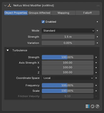 The nxWind Object Properties panel