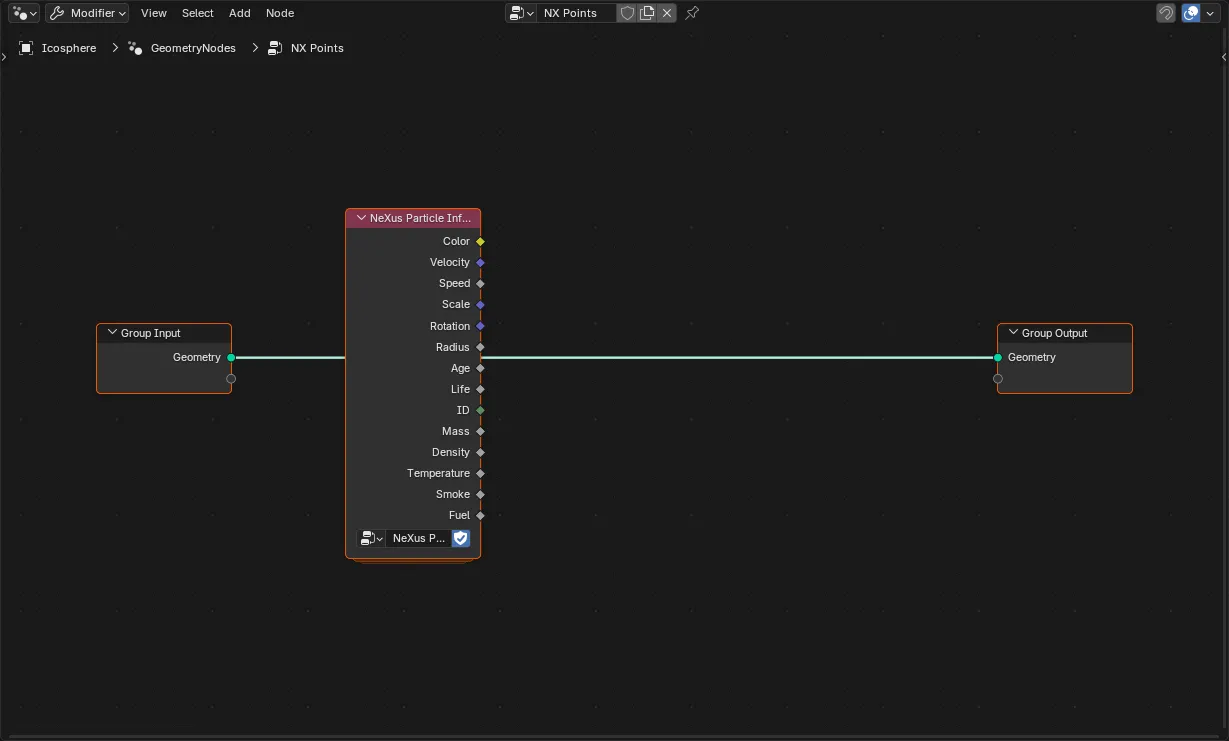 The NeXus Particle Info node in a Geometry Nodes tree between Group Input and Group Output