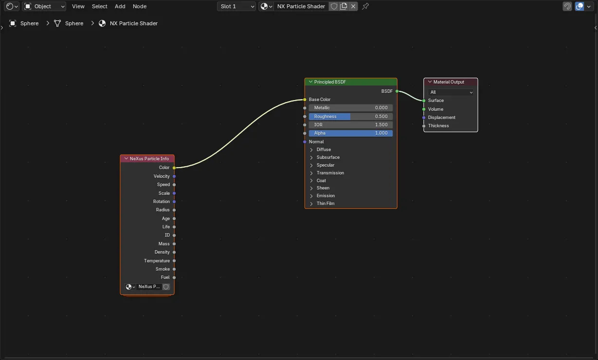 The NeXus Particle Info node in the Shader Editor, its Color output linked to a Principled BSDF Base Color