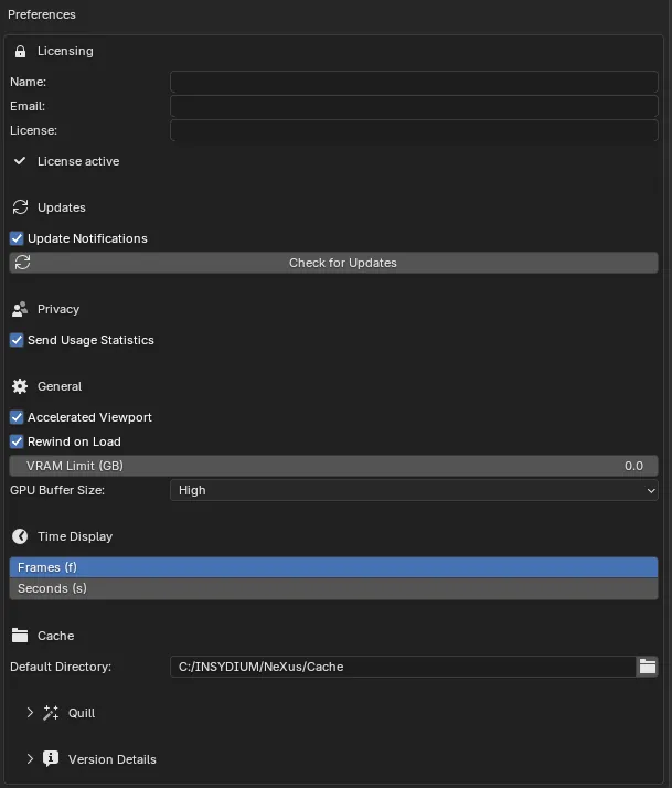 The NeXus add-on preferences expanded in Blender's Add-ons list, showing the Licensing, Updates, Privacy, General, Time Display, Cache, Quill and Version Details sections
