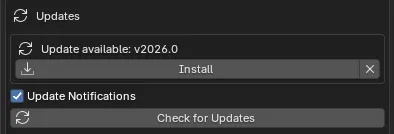 The Updates section of the NeXus preferences, showing an Update available notice with an Install button, the Update Notifications toggle and the Check for Updates button