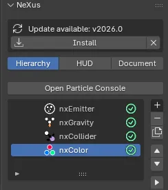 The NeXus tab of the N-panel with an Update available notice and an Install button above the Hierarchy tabs and the object list