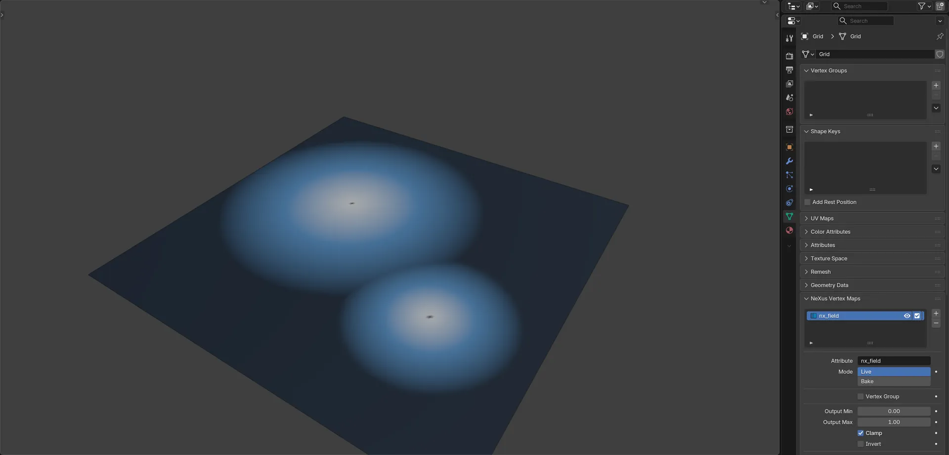 A NeXus vertex map shown on a grid mesh in Blender